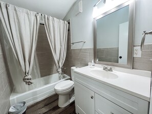 Hair dryer, towels, soap, toilet paper