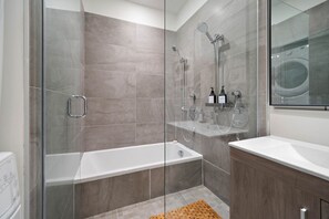 Hair dryer, towels, soap, toilet paper