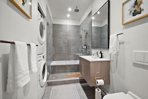 Hair dryer, towels, soap, toilet paper