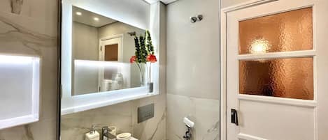 Hair dryer, towels, soap, toilet paper