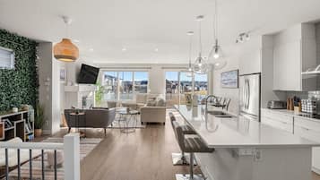 TV connectée, cheminée, livres, espaces bureaux