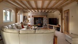 A cozy living room with a stone fireplace, a sofa, a television, and a bookshelf. - Lake House -  Luxury Cottages (Brecon)