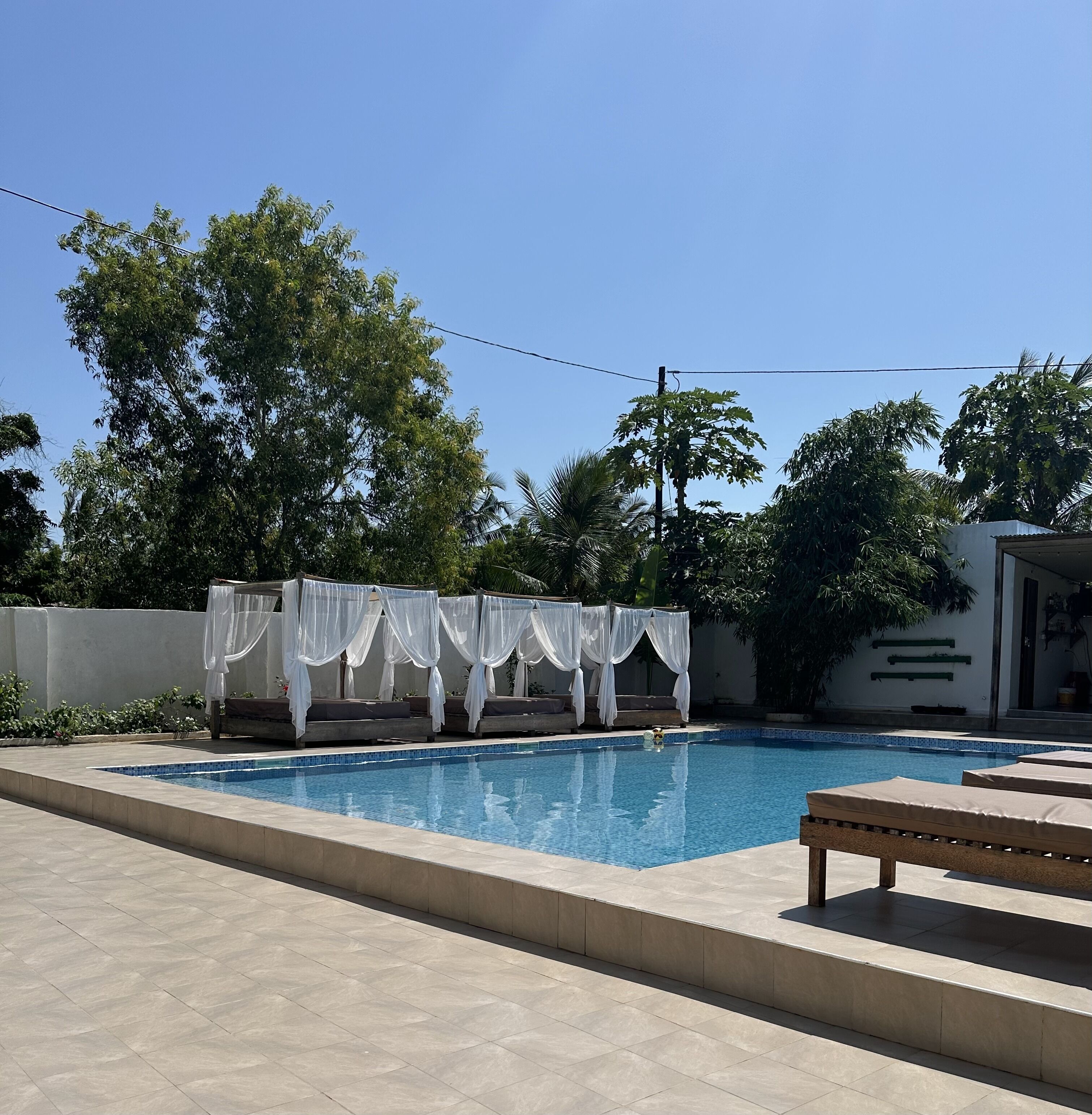 A swimming pool with white canopies, a tiled deck, and lush greenery in the background.