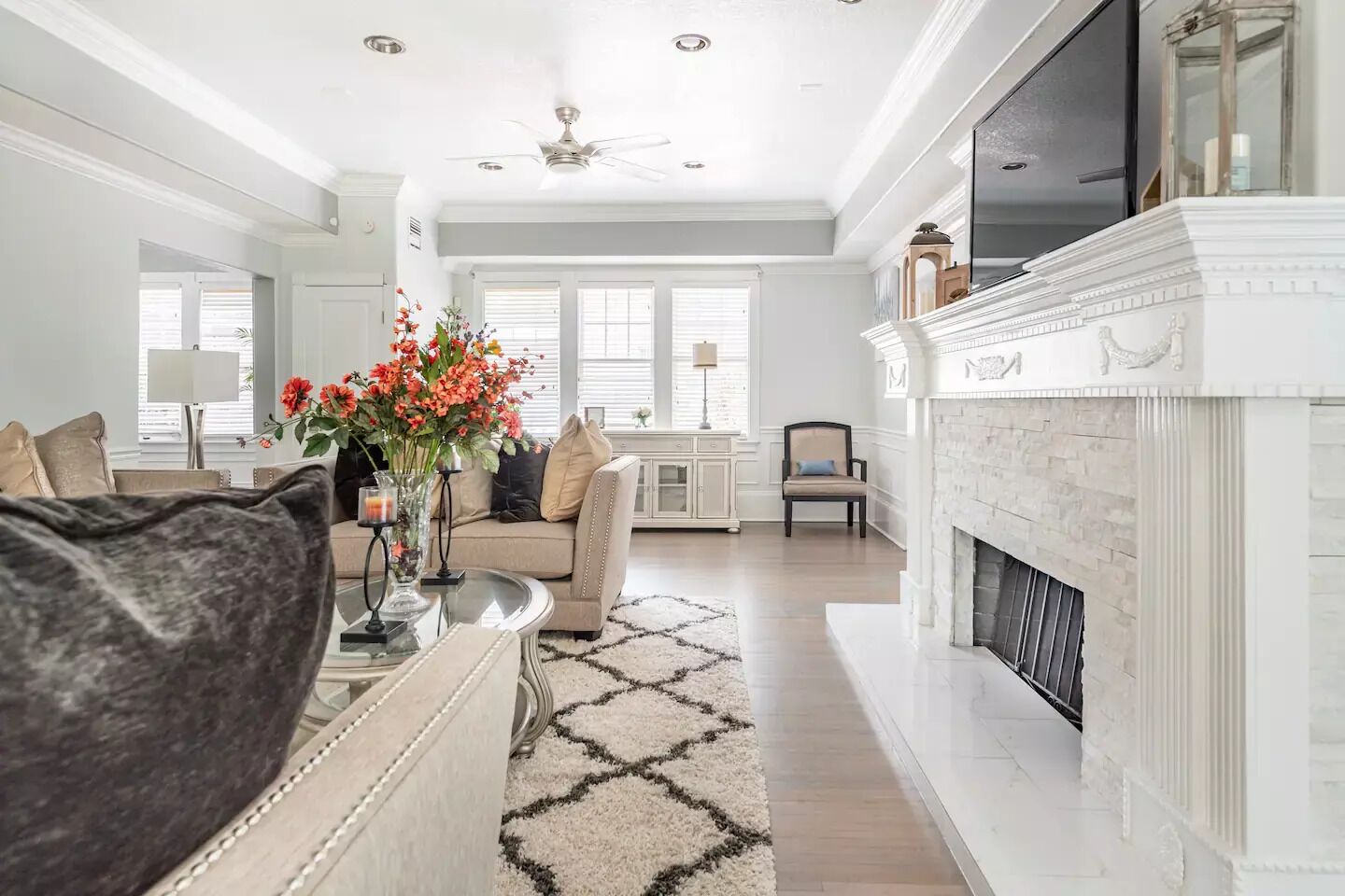 Smart TV, fireplace, video games, DVD player