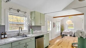 Une cuisine avec des meubles de couleur verte, un lave-vaisselle et une fenêtre donnant sur des arbres.