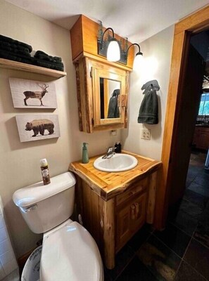 A bathroom with a wooden vanity, a white sink, and a mirror above it. There are two framed animal pictures on the wall, a towel hanging on a hook, and a light fixture above the mirror.