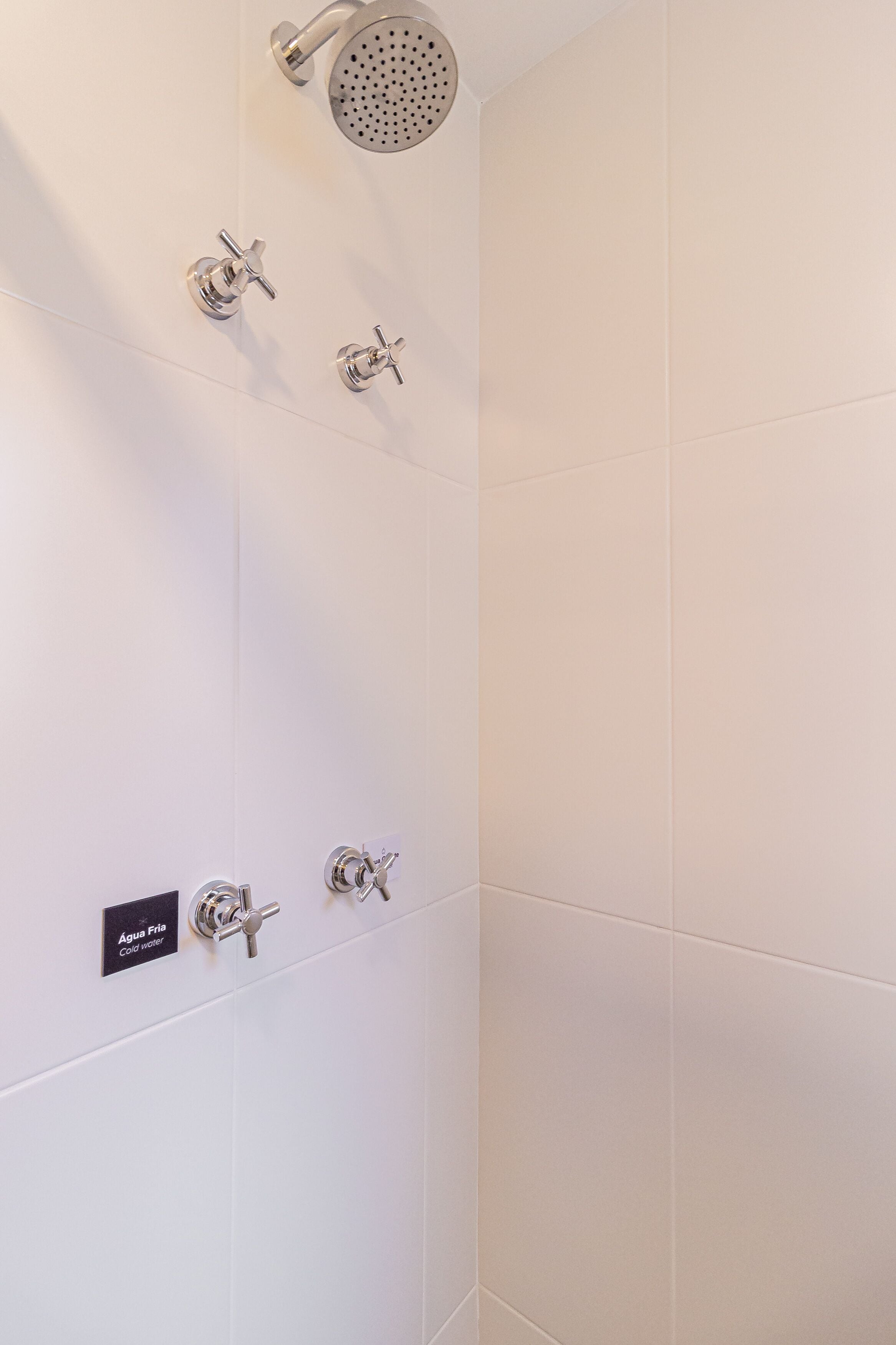 Une douche dotée de plusieurs robinets et d’un pommeau de douche à effet pluie.