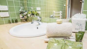 Shower, hair dryer, shampoo