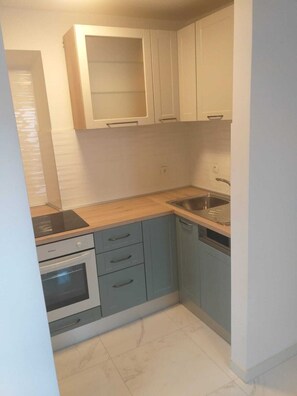 A compact kitchen with a built-in oven, a stovetop, and a sink.