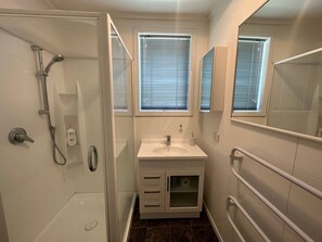 A bathroom with a shower, a sink, a mirror, and a window.