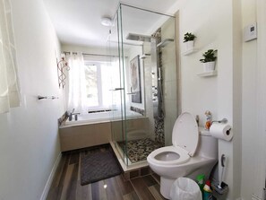 Hair dryer, towels, soap, shampoo