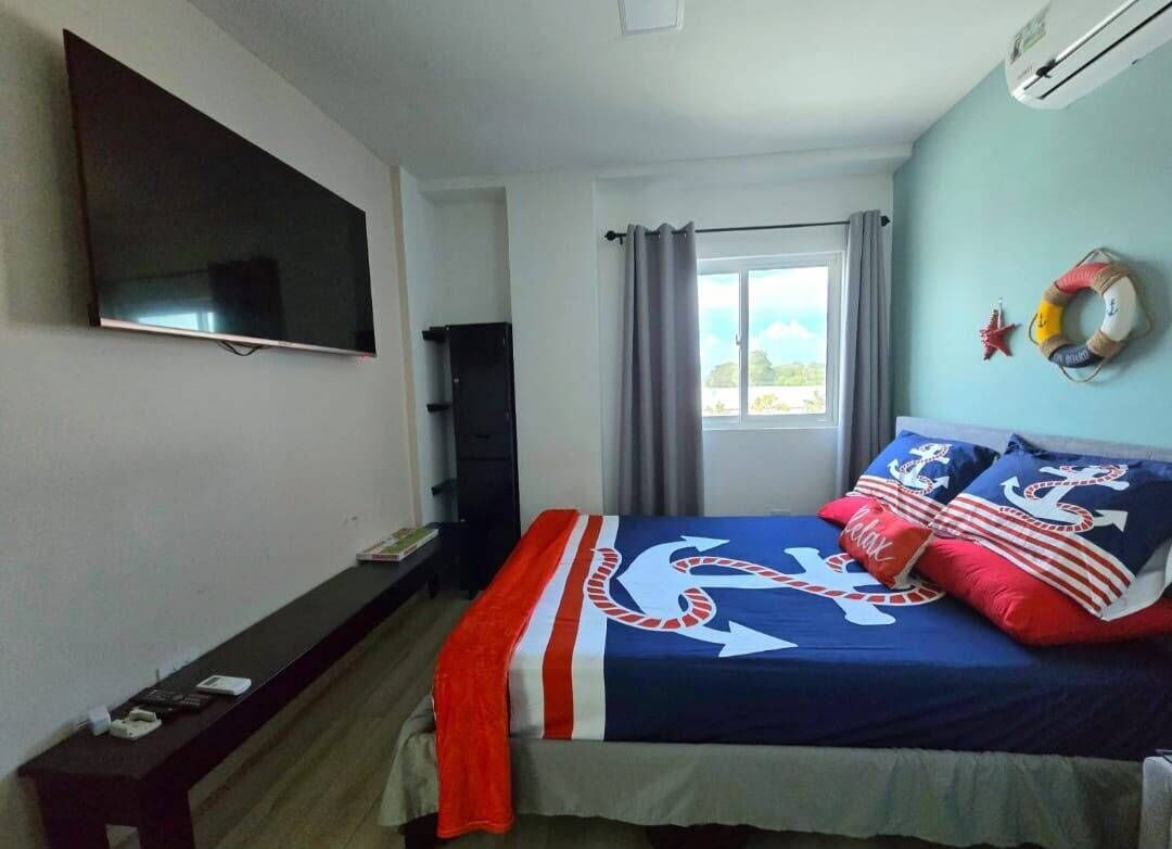 Una camera da letto con un letto, una TV, una finestra con tende e un condizionatore d'aria a parete.