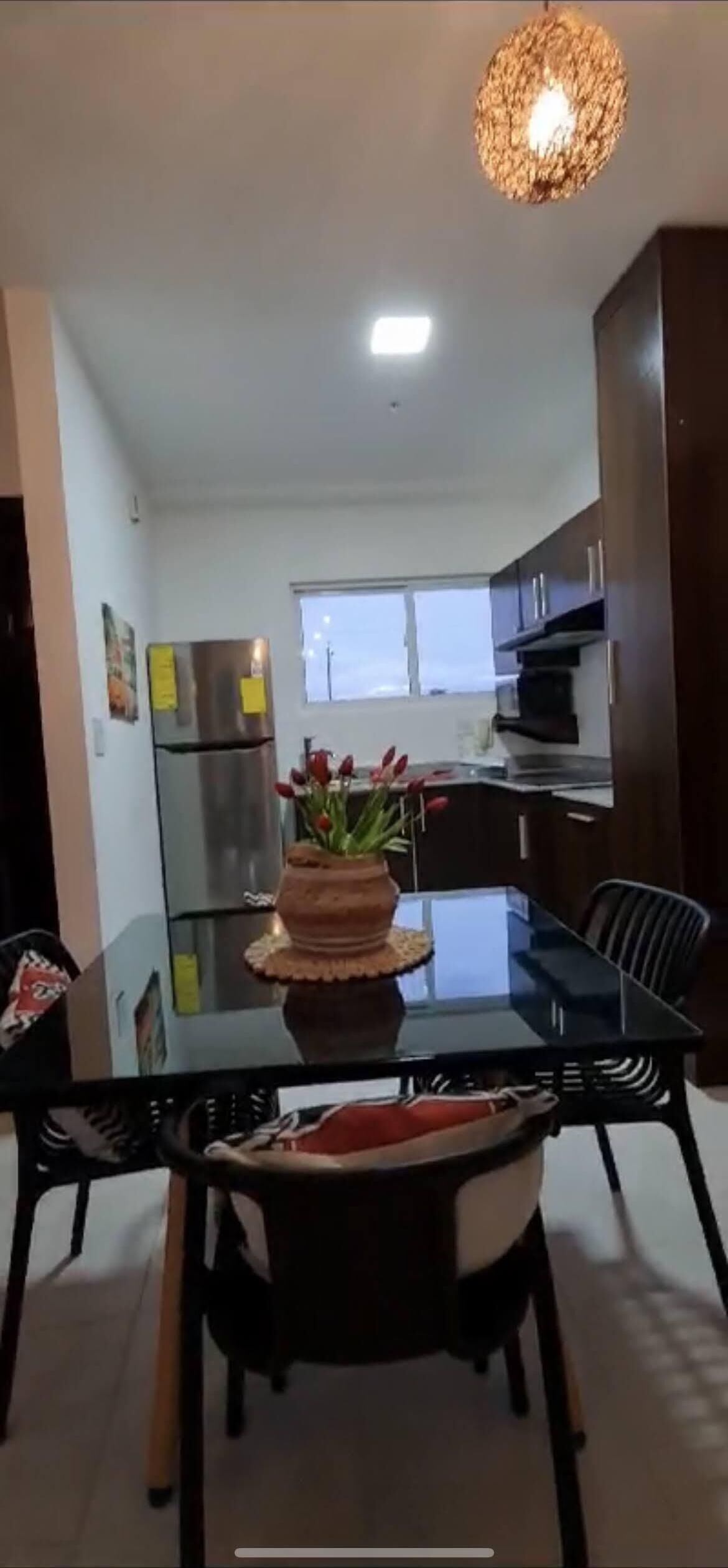 Una cocina moderna con un refrigerador de acero inoxidable, un microondas y un horno empotrado. Hay una mesa de comedor con sillas y una planta en maceta sobre la mesa.