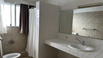Un baño con inodoro, lavabo y zona de ducha.