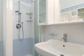 Shower, hair dryer, bidet, towels