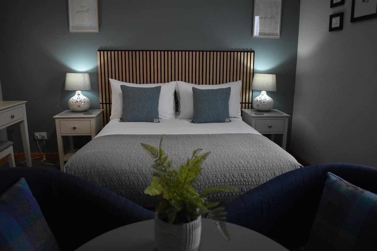 A modern bedroom with a large bed, two bedside tables with lamps, and a small table with a plant in the foreground.