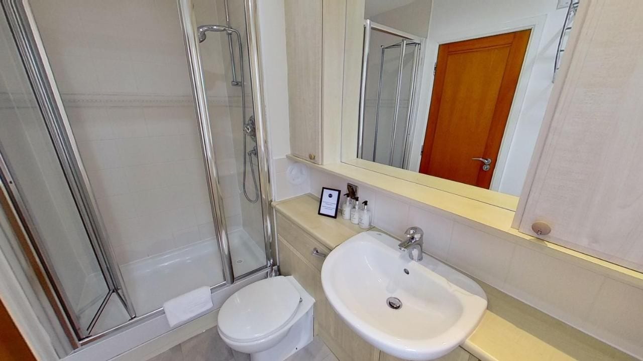 Een badkamer met een douche met glazen wand, een wit toilet en een wastafel met spiegel.