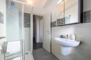 Shower, hair dryer, bidet, towels