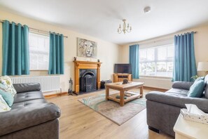 A living room with a fireplace, two sofas, a coffee table, and a television. - The Ferns (Ballymoney)