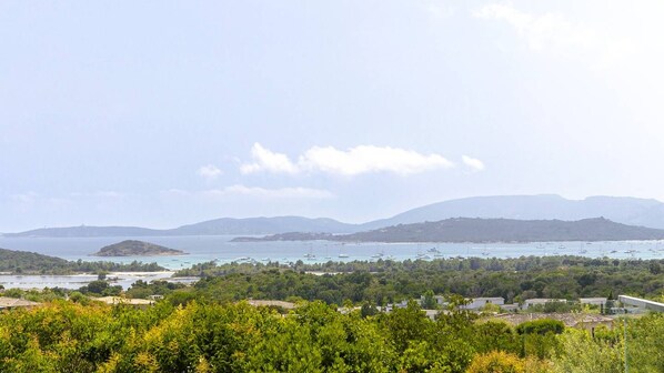 A coastal landscape with a view of the sea, boats, and distant mountains.