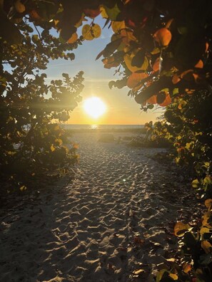 A pathway leading to a beach with a sunset in the background. - Pink Peacock (Holmes Beach)