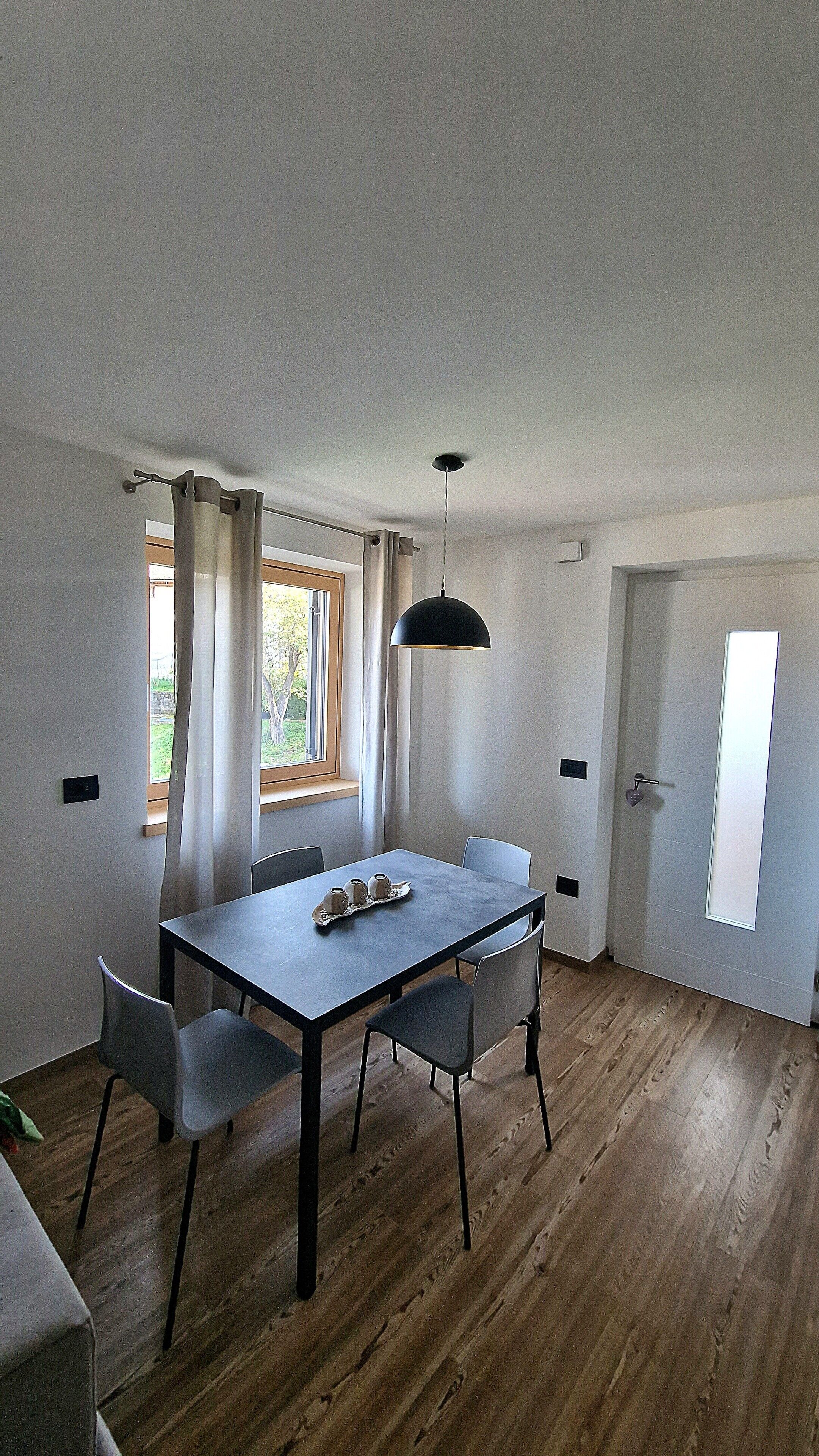 A room with a dining table, chairs, a hanging light fixture, a window with curtains, and a door.