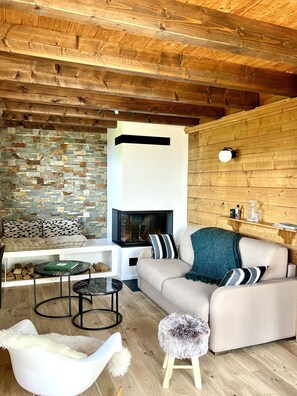 Télévision, cheminée, chaîne hi-fi