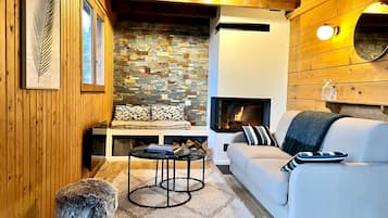 Télévision, cheminée, chaîne hi-fi