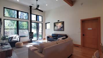 Smart TV, chimenea, reproductor de DVD, libros