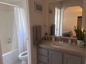 Hair dryer, towels, soap, shampoo