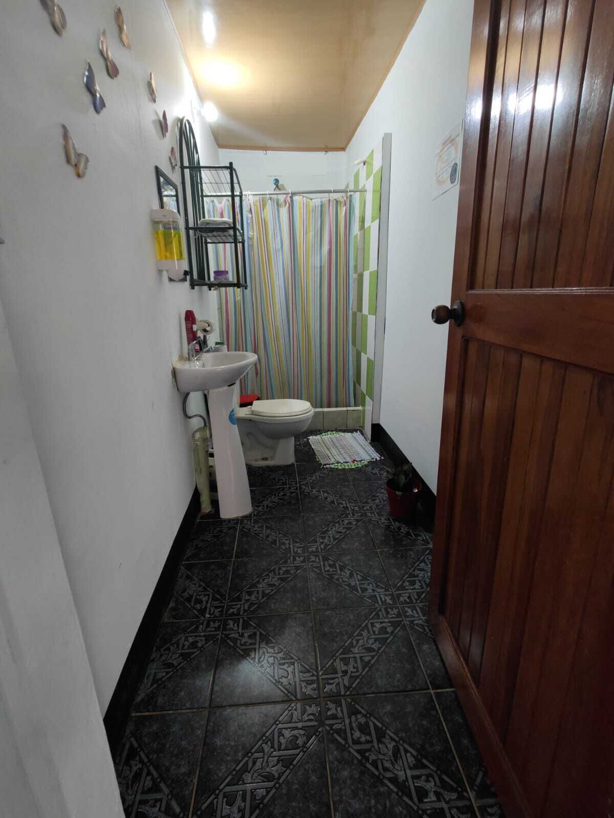 Ein Badezimmer mit Toilette, Waschbecken und Duschvorhang.