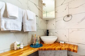 Hair dryer, towels, soap, shampoo