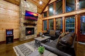 Smart TV, fireplace, foosball