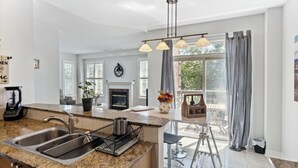 A modern kitchen with a granite countertop, stainless steel sink, and a fireplace. - The cozy corner house in the Richmond Hill  (Richmond Hill)