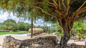 A stone wall, a tree, and a pool area. - Cal Tio 4 YourHouse, lovely apartment in a farmhouse with shared pool (Costitx)