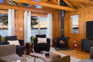 Älytelevisio, takka, kirjoja