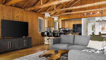 Smart TV, fireplace, books