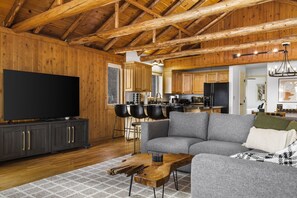 Smart TV, fireplace, books