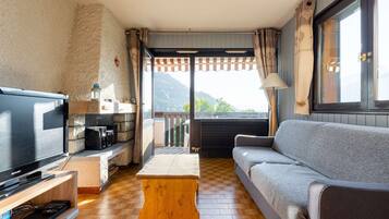 Una televisión, una chimenea, un reproductor de DVD