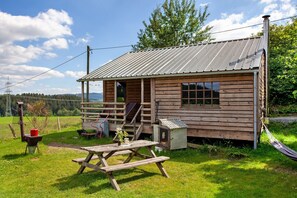 Une cabane en bois avec un toit en métal, une table de pique-nique et un hamac.