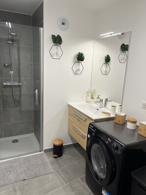 Douche, séchoir à cheveux, serviettes fournies