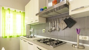 Une cuisine moderne équipée d’une cuisinière à gaz, d’un évier en acier inoxydable et d’ustensiles suspendus.