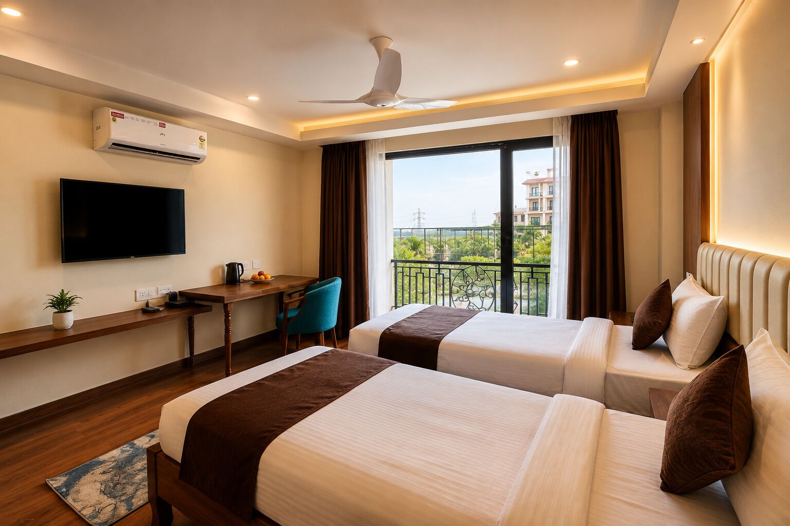 Une chambre d’hôtel avec deux lits, un bureau, une télévision et un balcon avec vue.