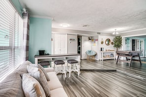 TV, foosball, stereo