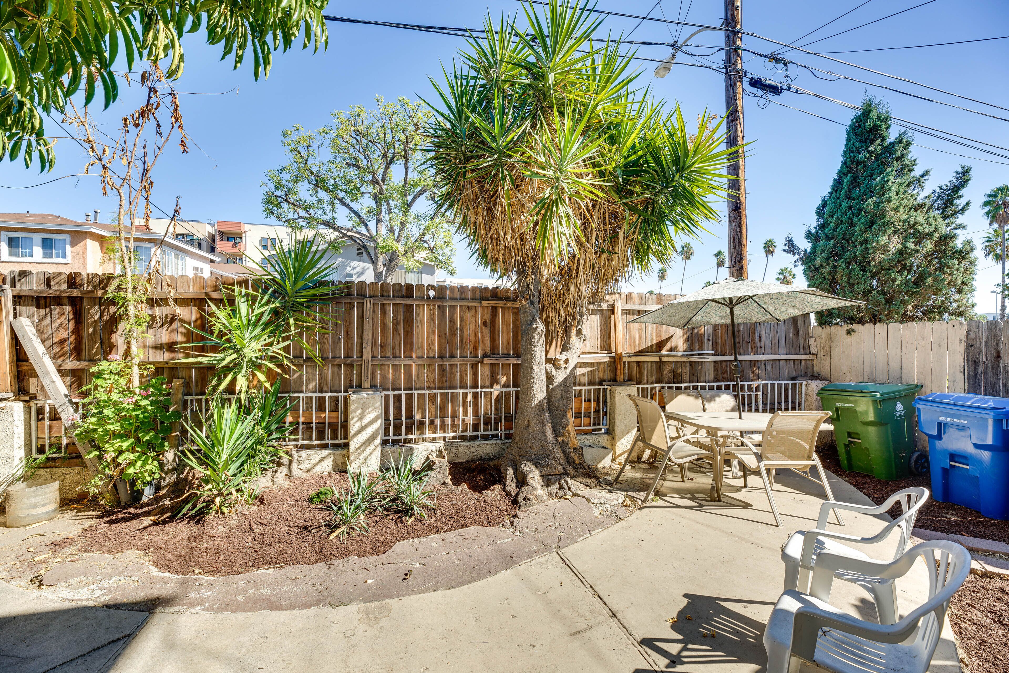 A backyard with a wooden fence, a palm tree, a patio table, chairs, and a trash bin.