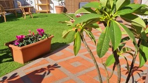 A patio area with a brick floor, a potted plant with white stones, and a planter with pink flowers. - 1 Bedroom Apartment in Catania (Catania)