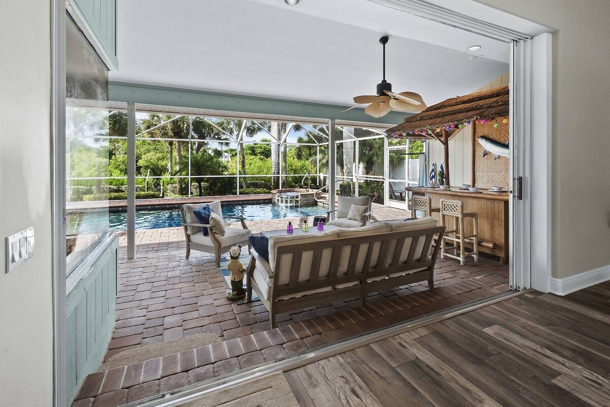 View of the pool area from the living room