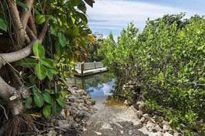 A natural landscape with a bridge over a body of water, surrounded by dense foliage. - Luxury Canal Home | Pool, Spa & Dock Near Beach (Nokomis)