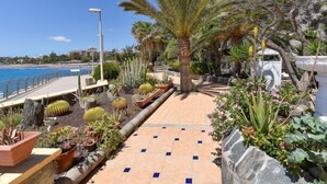 A coastal walkway with potted plants, a palm tree, and a view of the sea. - Apartment Balcon by Interhome (San Agustín)