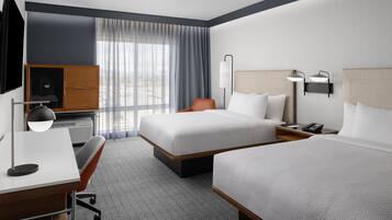 Desk, laptop workspace, blackout curtains, iron/ironing board